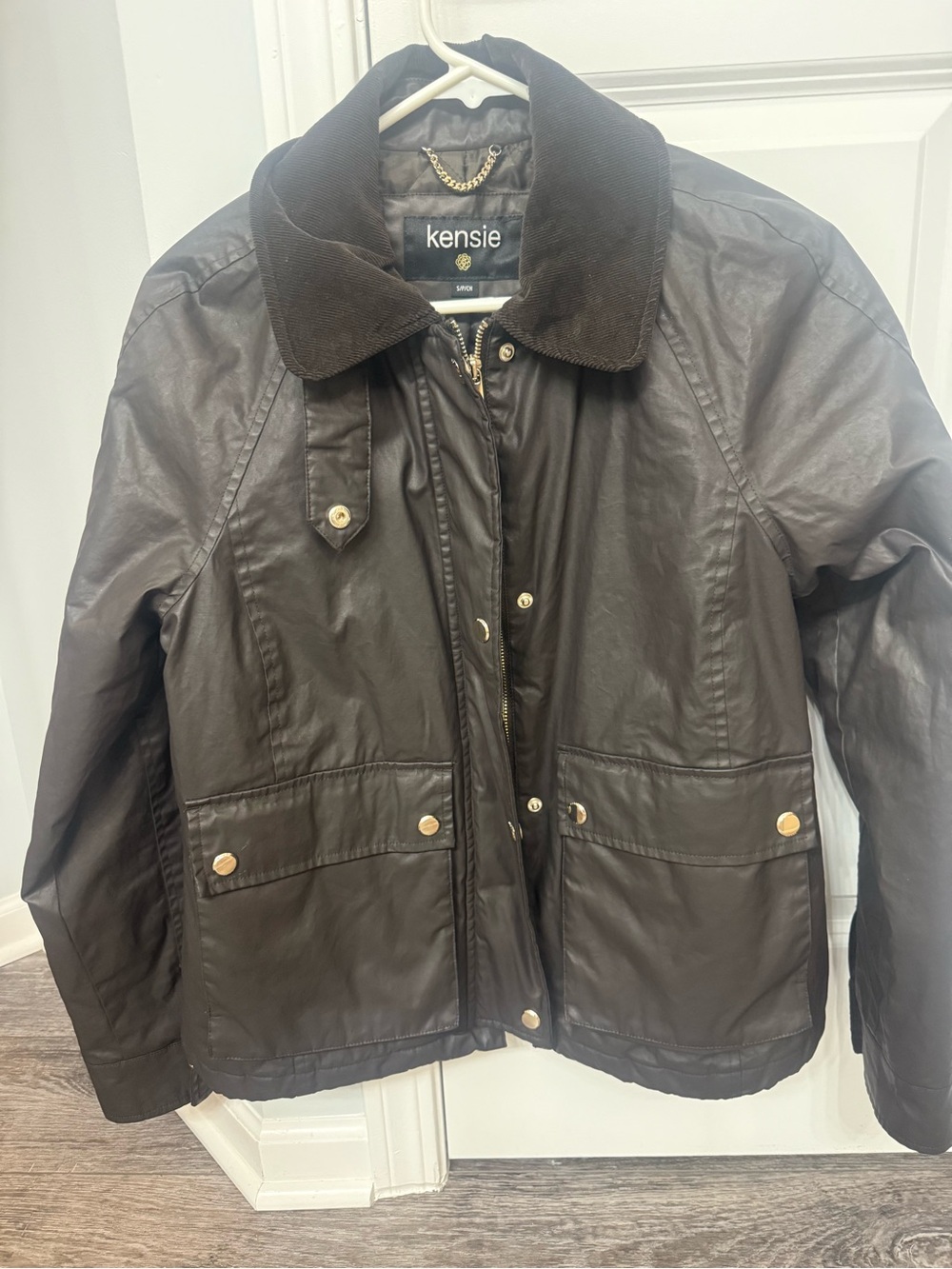 Kensie Dark Brown Waxed Jacket with Corduroy Collar
